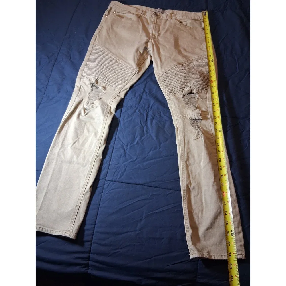 Bullhead Denim Co Mens 32 Stacked Skinny Moto‎ Distressed Tan Khaki Jeans Pants